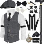 20ndate aastate kost&uuml;&uuml;m Meeste vest koos aksessuaaridega traksid, kepik&otilde;ndi taskukell habemega barett prillid lipsuklamber maffia kost&uuml;&uuml;miks 1920ndate g&auml;ngster Peaky Blinders karneval Halloween teema pidu