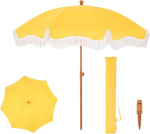 PHI VILLA Parasol Balcony Sun Protection 200 cm Bendable Round with Fringes, Boho Beach Umbrella, Garden, Wind-Resistant Parasols, Balcony Umbrella with Ground Spike for Patio, UPF 50+, Gold