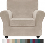 ZNSAYOTX Luxury Velvet Chair Covers with Armrests 2 Pieces Stretch Chair Covers for Living Room Thick Soft Armchair Non-Slip Dog Friendly Furniture Protector (Khaki), 32"-46" (1 Pillow)