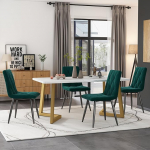 Ctastay Dining Table Set with 4 Chairs 117 x 68 cm, Dining Set with 4 Velvet Chairs, Kitchen Dining Table for Home & Family, Gold Metal Table Legs + 4 Dark Green Chairs