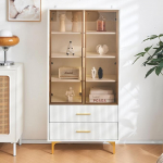 MQLAE Glass Display Cabinet with Two Doors - White Gold Legs, Movable Shelves, Display Cabinet with LED Light, Living Room Cabinet, Tall Cabinet, Standing Glass Display Cabinet, 70 x 35 x 150 cm (A)