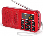 PRUNUS J-725 FM raadio v&auml;ike, digitaalne raadio &auml;ratuskell, raadio akutoitega 3000 mAh aku, USB/SD/TF/AUX m&auml;ngija, kohverraadio koos h&auml;davalgustusega (punane)