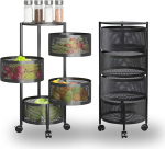 Allyson Rolling Cart Metal Kitchen Shelf with 5 Tiers - Serving Trolley with Wheels & Fold-Out Baskets, Ideal Storage Trolley, Side Trolley & Serving Trolley for Office & Kitchen (4 Tiers)