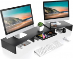 FITUEYES kahekordne puidust monitori statiiv koos sahtli pikkuse ja nurga reguleeritava monitori statiiviga arvutitele TV s&uuml;learvutile 92,5-108 x 23,5 x 10,2 cm mustana