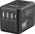 LENCENT universaalne reisimisadapter, GaN III 45W rahvusvaheline laadija 3 USB ja 2 USB-C PD kiirlaadimispordiga, &uuml;lemaailmne laadimisadapter A/C/G/I t&uuml;&uuml;pi, USA/UK/EL/EL/AUSA pistikupesad, musta v&auml;rvi