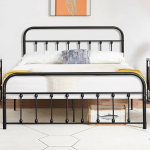 Metal Bed 140 x 200 cm Bed Frame with High Headboard, Sturdy Metal Double Bed Frame with Slatted Frame, Metal Guest Bed, Youth Bed, Lots of Storage Space Under Bed, Black