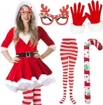 Weihnachtsmann Kost&uuml;m Damen, Weihnachtskost&uuml;m Damen, Weihnachtsfrau Kleid mit Kapuze, Handschuhe Frauen Nikolaus Weihnachtskost&uuml;me, Sexy Weihnachtskleid Weihnachts Cosplay Miss Santa f&uuml;r Frauen
