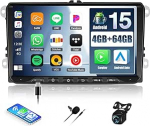 SIXWIN 4+64G Android 15 autoraadio VW Golf 5 6 Polo Caddy Skoda Passat koos CarPlay/Android Car/Mirror Link, 9-tolline HD puuteekraan toetab WiFi GPS Bluetooth 5.0 FM/RDS 32EQ + tagurduskaamera