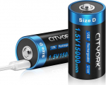 CITYORK laetavad D-elemendi akud, 1,5 V 15000 mWh USB Li-Ion D aku laetav C-t&uuml;&uuml;pi kaabliga - 2 tk.