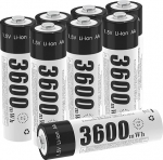 Laetav 1,5 V AA aku, laetav liitium-ioon aku 3600 mWh ja 1200 pika ts&uuml;kliga, 8 Pack AA liitium-ioon akud kaugjuhtimispuldi, motoriseeritud m&auml;nguasjade, juhtmeta akude jaoks.