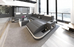 Wohnlandschaft Wave XXL diivan U-kujuline nahast - LED-valgustusega, reguleeritavad peatuged, pikaliigiline diivan / nahav&auml;rvide valik / orientatsioon valitav (Ottomani paremal, hall/valge)