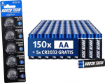 North Tech AA patareid Ultra Alkaline Pack of 150 (2800 mAh) + 5 x CR2032 | 1,5 V energiaallikas suure tarbimisega seadmetele | Suure j&otilde;udlusega, lekkekindel ja vastupidav I 10-aastane s&auml;ilivusaeg