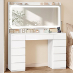 Hzuaneri DT43003XEU Suur garderoobilaud suure HD-peegliga, garderoobilaud LED-valgustusega, 3 v&auml;rvi, reguleeritav heledus, garderoobilaud 11 sahtliga, garderoobilaud magamistuppa, valge