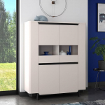 Forte VODOL Highboard Vitriinkapp 130, kaasaegne vitriinkapp 2 uksega ja &uuml;mardatud nurgaga, puitkomposiit, kasmiir | beež, 130,3 cm lai x 161,1 cm k&otilde;rge x 44,8 cm s&uuml;gavus.