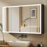 Peegelkapp 90 x 60 cm koos valgustusega peegliga, 3-osaline LED-valgustusega vannitoa kapp 3 v&auml;rvitemperatuuriga, meditsiinikapp Vannitoa kapp koos puutetundliku, uduvastase ja riiulitega
