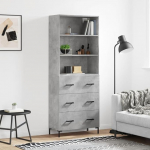 Highboard puidust materjalist 69,5 x 34 x 180 cm Betoonist Hall k&otilde;rge kapp Elutoa kapp Puidust vitriinkapp Elutoa s&ouml;&ouml;gitoa kapp K&ouml;&ouml;gikapp Hoiukapp