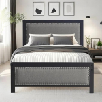 VECELO polsterdatud voodi 90 x 200 cm, &uuml;heinimesevoodi koos voodip&auml;ra ja -jalaga, neetidega aktsendid, tugev voodiraam lamelliraamiga, 32 cm praktiline panipaik, madal m&uuml;ra, lihtne kokkupanek, must/halli v&auml;rvi.
