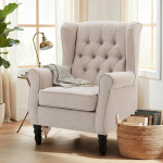 COLAMY Mid-Century modernne elutoa tugitool, polsterdatud Wingback tool koos n&ouml;&ouml;pide tikandiga, kangastooli kate koos t&auml;ispuidust jalgadega elutuppa, kontorisse, kohvikusse - beež