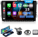 ESSGOO True 4+64G Wireless Autoradio, 9 Zoll Touchbildschirm mit Carplay Android Auto, Android 15 Car Radio f&uuml;r VW Golf 5 6 T5 Polo Passat Touran Tiguan Seat Skoda mit Bluetooth GPS AM FM RDS SWC