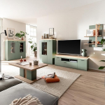 Lomadox 5 Piece Living Room Set with TV Cabinet & Highboard with LED Accent Lighting, Green with Oak - Modern