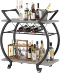 LVB Industrial Kitchen Bar Cart Farmhouse Drink Service Liqueur Trolley with Wheels, Wood and Metal, Rolling Wine Cart with Storage Compartment, Microwave Drink Cart for Home (Hall)