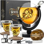 WHISISKEY Whisky Carafe Set - Viskikarbi kinkekomplekt - Kingitused meestele - Mehe kingitus - s&uuml;nnip&auml;evakingitus mehele - kolju dekanter 900 ml, kinkekarp, 2 viskiklaasi, 4 viskikivi