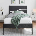 VECELO voodiraam 90 x 200 cm metallist voodiraam lamellip&otilde;hjaga, &uuml;heinimesevoodi metallist voodi paksu puidust peatsiga, kaasaegne k&uuml;lalisvoodi, noortevoodi, ideaalne magamistuppa, must