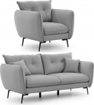 Nordloft 3-kohaline diivan-tooli komplekt, 2-osaline, mustad metalljalad, sametkangas, vabalt seisev, helehall