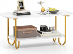 LIFEZEAL kohvilaud marmorse v&auml;limusega, elutoa laud 2 riiuliga, kaasaegne diivanilaud metallraamiga, teelaud kohvilaud elutuppa ja kontorisse, valge + kuldne