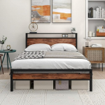 HOJINLINERO Bed Frame with Storage Space Headboard, Metal Bed 90 x 200 cm Bed with Metal Slatted Frame, Storage Bed, Teenager's Bed, Bed Frame, Black (135 x 190 cm)