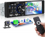 Hodozzy 1 DIN autoraadio koos CarPlay Android autoga, auto audio Bluetooth Hands-Free s&uuml;steemiga, 4-tolline 1 DIN MP5 m&auml;ngija toetab FM/2 USB/TF/AUX/kiirlaadimist, roolijuhtimine + kaamera