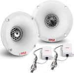 Komplekt Pyle PLMRTW25W 1 merekomplekt koos 2 eemaldatava sarvega k&otilde;rva ja 2 krossoveriga 60 Watt RMS ja 120 Watt Max 4 Ohm veekindel paadimere v&auml;rvi valge 1 komplekt.