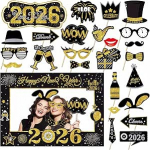24 St&uuml;ck Silvester-Dekorationen 2026 Fotokabinen-Requisiten, glitzernd, gro&szlig;, Happy New Years, Selfie-Requisiten, Dekorationen, Fotografie-Zubeh&ouml;r