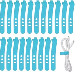 hankekaart Silikon-Kabelbinder, 3 L&ouml;cher, wiederverwendbar, Gummikordel mit Verschlussschnalle, Mehrzweck-Kabelband f&uuml;r Zuhause, B&uuml;ro, Reisen, Blau, 20 St&uuml;ck