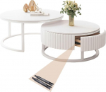Round Coffee Table White Set of 2 Nesting Tables for Living Room 50 + 70 cm Living Room Table Round Marble Coffee Table with Storage Space Nested Side Table Sturdy Metal Frame Coffee Table with