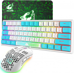 K61 UK Layout 60% Gaming Keyboard Mouse Set Wired 62 klahvi 7 RGB LED taustavalgustusega 19 klahvi Anti-Ghosting+ 2400 DPI Ultralight Gaming Mouse with Honeycomb Shell + Mouse Pad White Mixed