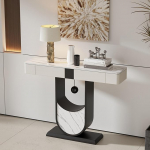 Halbmond-Konsole f&uuml;r den Eingangsbereich mit Zwei Schubladen, luxuri&ouml;ser Sofatisch f&uuml;r Flure mit schmaler Schieferplatte, kreative U-f&ouml;rmige Metallbasis(Black B,100cm/39.4in)
