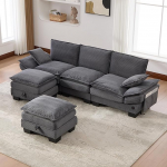 3 Sitzer Diivan Modern Couch mit 2 Hocker, 3er Sitzsofa mit USB-Ladeanschluss und Seitentaschen, Polstersofa f&uuml;r Wohnzimmer, B&uuml;ro, Lounge, Dunkelgrau