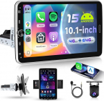 VECHTEL 4G + 64G Android 15 Autoradio 1 DIN traadita Carplay Android autoga, 10,1-tolline p&ouml;&ouml;ratav HD puuteekraaniga autoraadio koos Bluetooth 5.0 GPS Wi-Fi FM RDS raadiolink peegel USB tagurduskaameraga