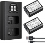 ENEGON NP-FW50 aku (2-pack | 1300mAh) ja LCD Dual USB laadija Sony ZV-E10, A6000, A6300, A6400, A6500, A7, A7II, A7RII, A7SII, A7S, A7R, A7RII, A55, A5100, RX10 - tarvikute komplekt
