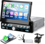 VECHTEL 7'' IPS Manuell Klappbarer Touchscreen Autoradio, Autoradio 1 Din mit Kabellosem CarPlay Android Auto, Mirror Link, Bluetooth, FM Radio, EQ, Lenkradsteuerung, R&uuml;ckfahrkamera, USB/Typ-C