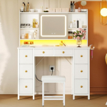 ODK Dressing Table with Movable LED Mirror, Toilet Table with Built-in USB Sockets & RGB Light Bar, Dressing Table with Stool and 8 Drawers, White Dressing Table 110 x 40 x 137 cm