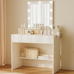 JUMMICO Dressing Table with LED Lighting and Mirror, Adjustable Brightness and Colour Temperature, Cosmetic Table with 9 LED Bulbs, White