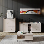 Lomadox Living Room Set in Sand Beige Fine Structure with Sideboard Coffee Table Highboard Gold-Coloured Handles Modern