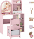COSTWAY 2-in-1 laste riietuslaud koos valgustusega, puidust riietuslaud koos 3-v&auml;rvilise valgustatud peegliga, sahtlitega, 3 konksu ja tarvikutega, laste meigilaua printsessi komplekt t&uuml;drukutele alates 3st