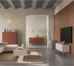 Home Furniture Set Wall Unit in Red and Cashmere with Oak, 4-Piece with Coffee Table, Highboard, Lowboard, Sideboard, Modern, Handle-Free