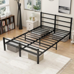 MOFLUT Doppelbettrahmen mit Kopfteil, robustes Metallbettrahmen, kein Boxspringbett erforderlich & einfache Montage, Schwarz