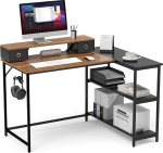 Mondeer L Shape Desk with Shelves Reversible, Corner Desk 120 x 90 x 90 cm, Removable Monitor Stand with 2 Drawers, Computer Desk for Office, Home, Office, Study, Vintage Brown and Black