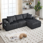 Modulares Sofa Set mit Chaiselongue & 2-Sitzer,weicher Cordbezug, mit 5 Kissen, seitliche Taschen & Getr&auml;nkehalter, hochdichter Schaumstoff, DIY-Kombination, Ideal f&uuml;r Wohnzimmer, Apartment & Studio.