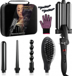 Curling Wand Set, WeChip 5 in 1 Curling Tongs with [Ceramic Tourmaline] 3 Barrel Hair Waver, Hair Straightener Brush, Curling Irons 9mm-32mm [Storage Box] LED Display Hair Curler for All Hair Styling